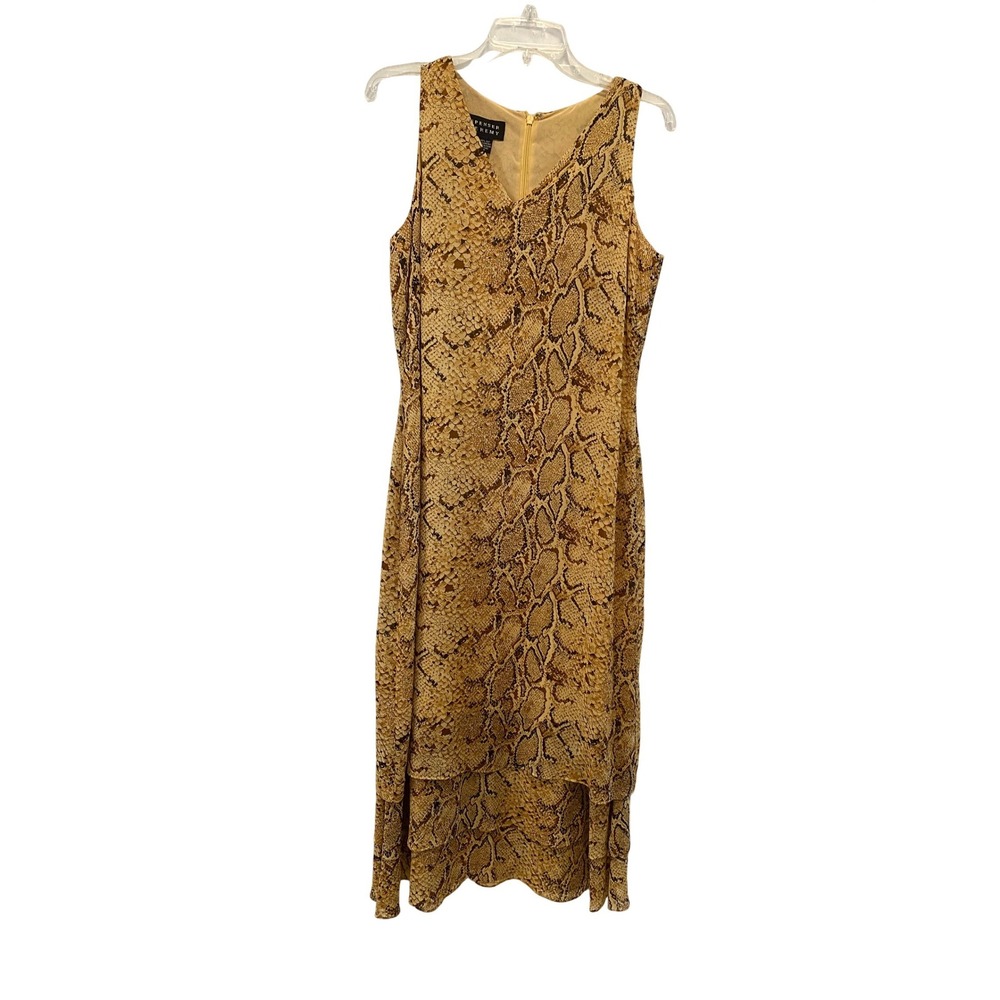 Spenser Jeremy Womens 100% Silk Snakeskin Print V-Neck‎ Midi Dress Tan Brown 10